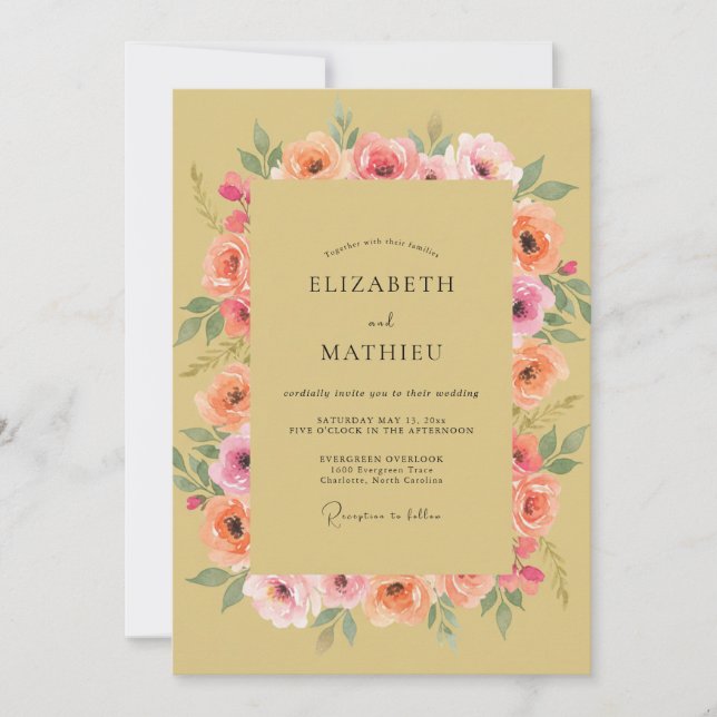 Mustard Peony Wreath Wedding Invitation (Front)