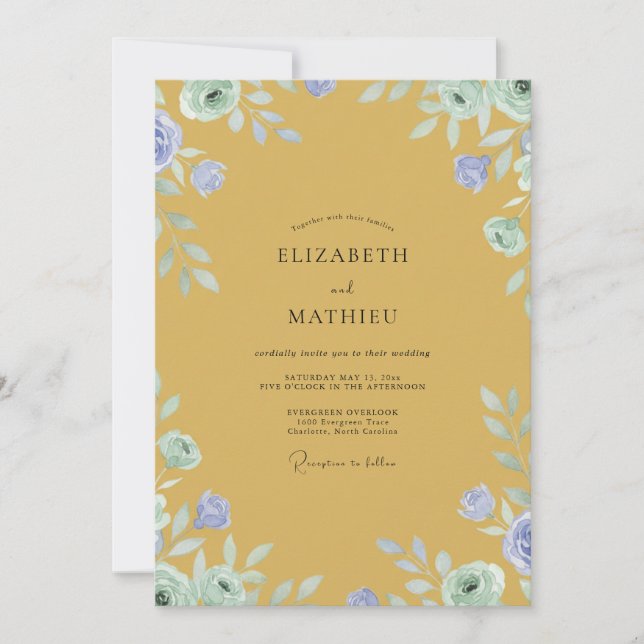 Mustard Periwinkle Blossom Wedding Invitation (Front)