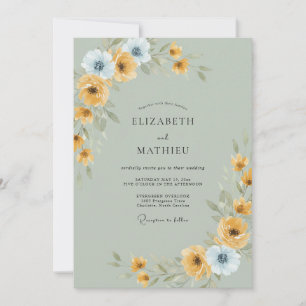 Mustard Periwinkle Ranunculus Eucalyptus Wedding Invitation