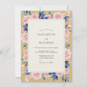 Mustard Petal Pink Rose Wedding Invitation