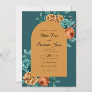 Mustard Petrol Flower Eucalyptus Wedding Invitation
