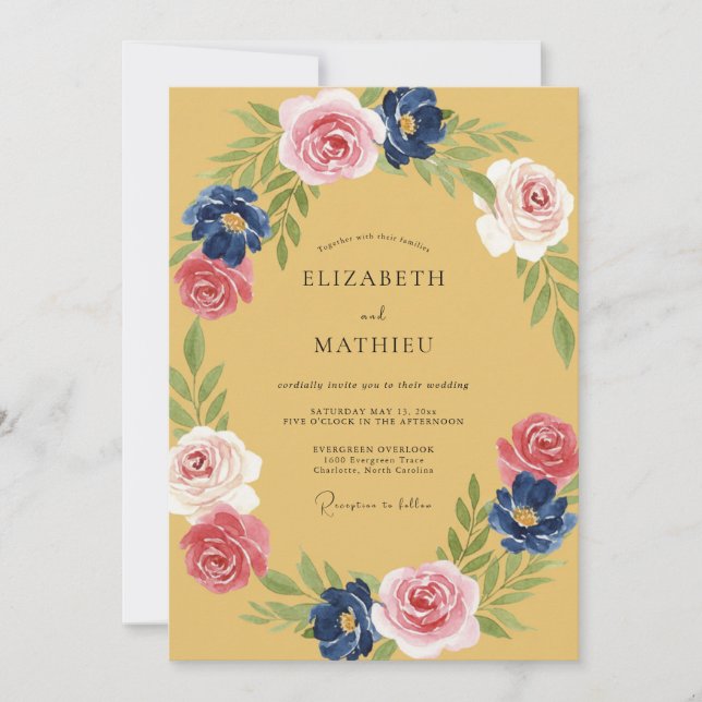 Mustard Pink Indigo Petal Wedding Invitation (Front)