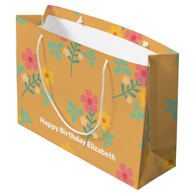 Mustard Retro Daisy Bouquet Pattern Customized Large Gift Bag (Back Angled)