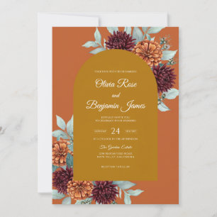 Mustard Rich Burgundy Dahlia Wedding Invitation