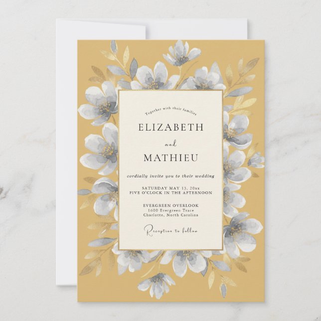 Mustard Silver Blossom Wedding Invitation (Front)