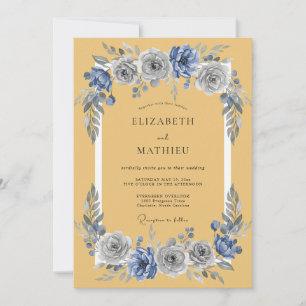 Mustard Slate Blue Floral Vintage Wedding Invitation