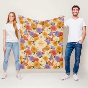 Mustard Terracotta Blue Wildflower Fleece Blanket
