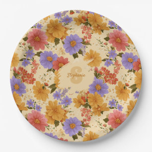 Mustard Terracotta Blue Wildflower Paper Plate
