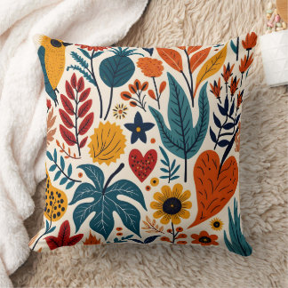 Mustard Terracotta Botanical Scandinavian Folk Throw Pillow