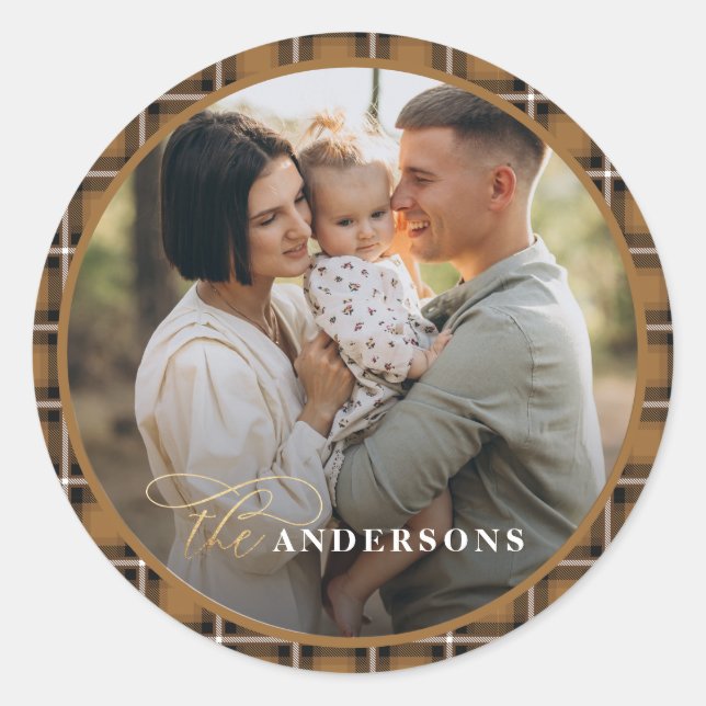 Mustard traditional tartan personalized christmas classic round sticker (Front)