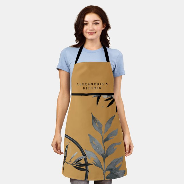 Mustard Watercolor Leaves + Your Name Kitchen Apron (Worn)
