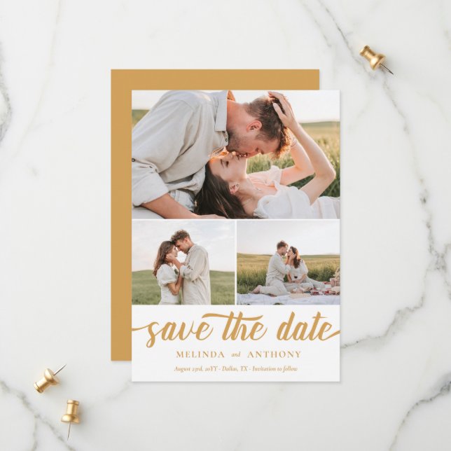 Mustard White Elegant Bold Script Photo Collage Save The Date (Front/Back In Situ)