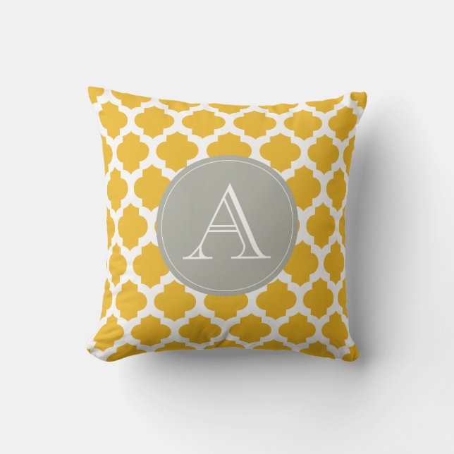 Mustard & White Moroccan Pattern Grey Monogram Throw Pillow (Front)