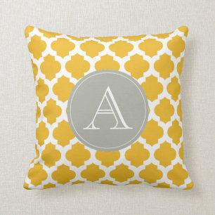 Mustard & White Moroccan Pattern Grey Monogram Throw Pillow
