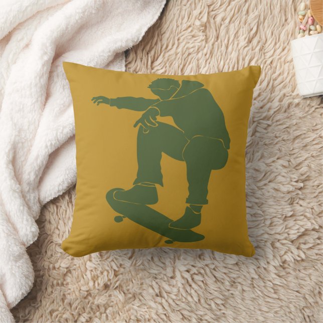 Mustard Yellow and Green Skateboarder Throw Pillow (Blanket)