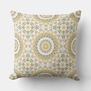 Mustard Yellow and Teal Mandala Design Throw Pillow
