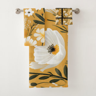 Mustard Yellow and White Botanical Floral Bath Towel Set