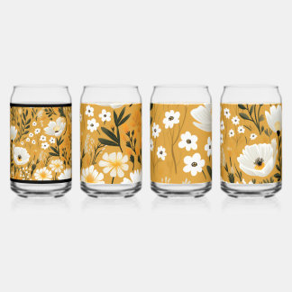 Mustard Yellow and White Botanical Floral Can Glass