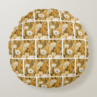 Mustard Yellow and White Botanical Floral Round Pillow