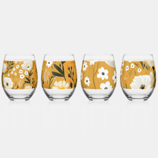Mustard Yellow and White Botanical Floral Stemless Wine Glass