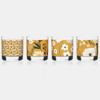 Mustard Yellow and White Botanical Floral Whiskey Glass