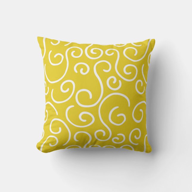 Mustard Yellow and White Doodle Pattern Throw Pillow (Front)