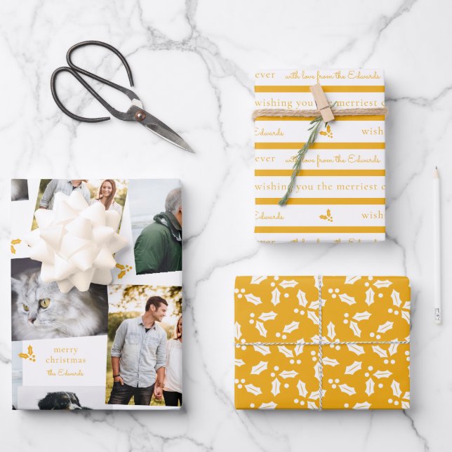 Mustard Yellow and White Modern Holly Sprig Wrapping Paper Sheet (Front)