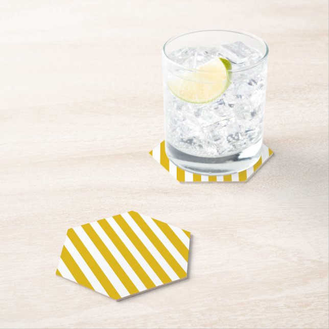 Mustard Yellow and White Vertical Stripes Paper Coaster (Insitu)