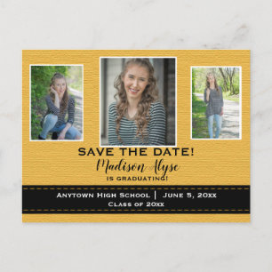 Mustard Yellow Black 3 Photo Grad Save Date Announcement Postcard