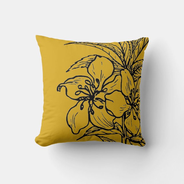 Mustard Yellow & Black Botanical | Almond Plant Throw Pillow (Front)