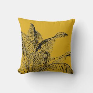 Mustard Yellow & Black Botanical Coconut Palm Throw Pillow