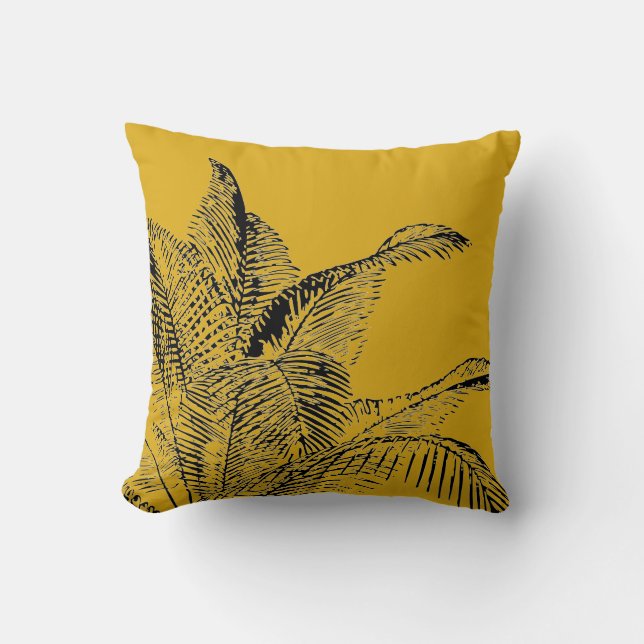 Mustard Yellow & Black Botanical | Coconut Palm Throw Pillow (Front)