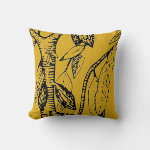 Mustard Yellow & Black Cacao Tree Throw Pillow