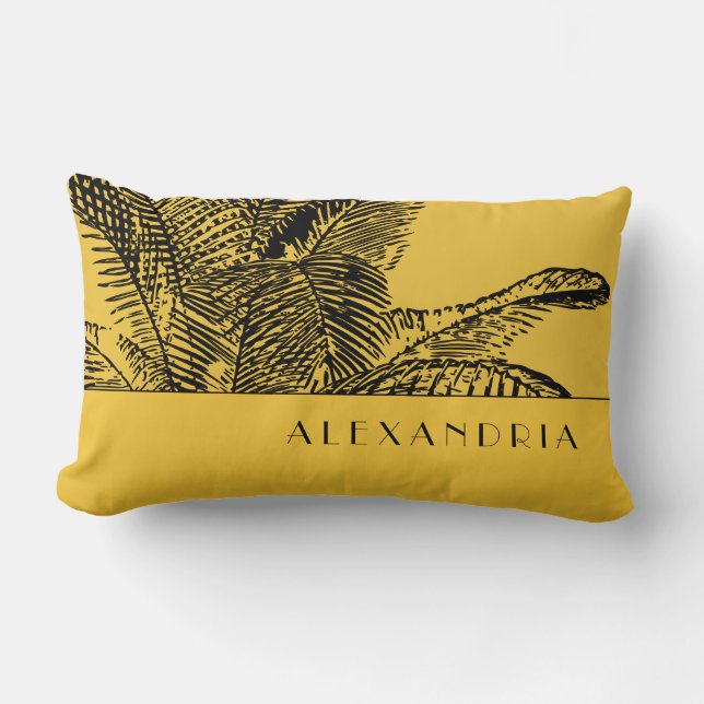 Mustard Yellow & Black Palm Tree | Custom Name Lumbar Pillow (Front)