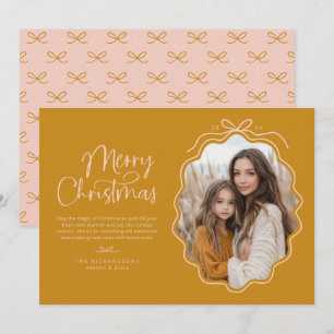 Mustard Yellow Blush Pink Wavy Retro Photo Holiday Card