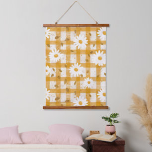 Mustard Yellow Daisy Cream Farmhouse Gingham Hanging Tapestry
