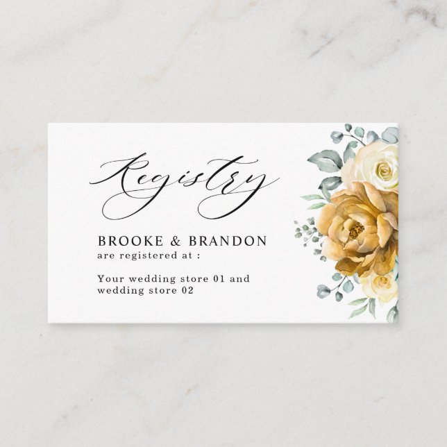 Mustard Yellow Floral Sage Green Wedding Registry Enclosure Card (Front)