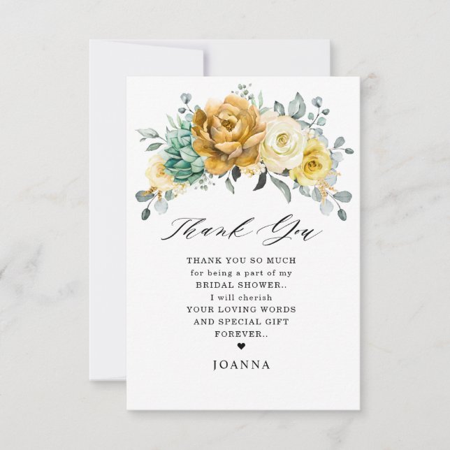 Mustard Yellow Floral Sage Greenery Bridal Shower Thank You Card (Front)