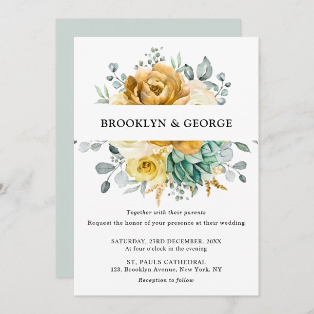 Mustard Yellow Floral Sage Greenery Modern Wedding Invitation (Front/Back)