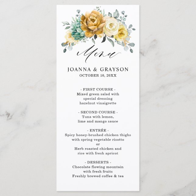 Mustard Yellow Floral Sage Greenery Modern Wedding Menu (Front)