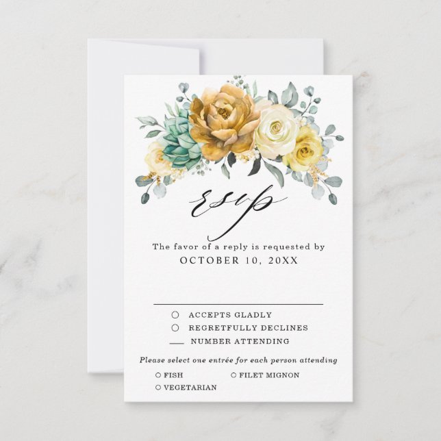 Mustard Yellow Floral Sage Greenery Modern Wedding RSVP Card (Front)
