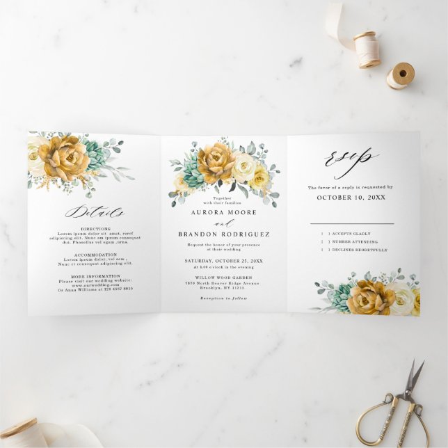 Mustard Yellow Floral Sage Greenery Modern Wedding Tri-Fold Announcement (Inside)