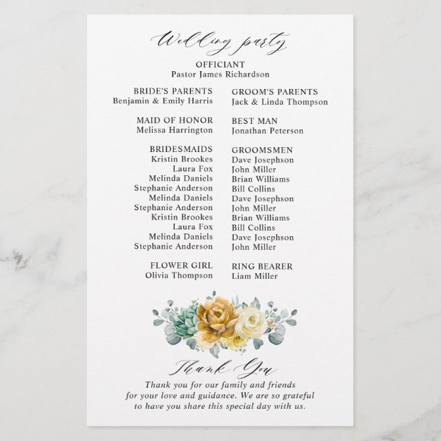Mustard Yellow Floral Sage Modern Wedding Program (Back)