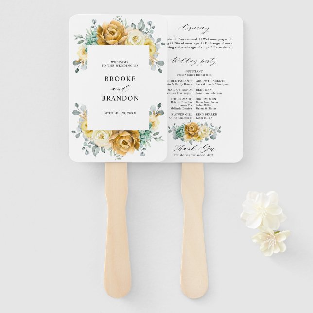 Mustard Yellow Floral Sage Modern Wedding Program Hand Fan (Front and Back)