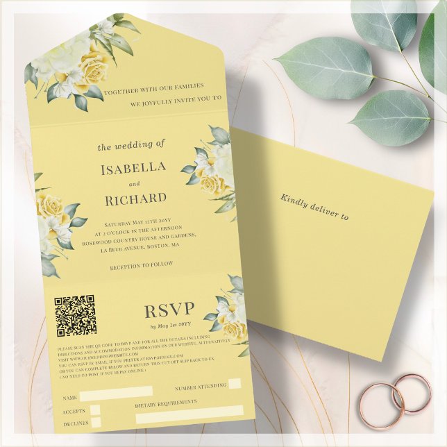 Mustard Yellow Floral | Wedding QR Code RSVP   All In One Invitation (Creator Uploaded)
