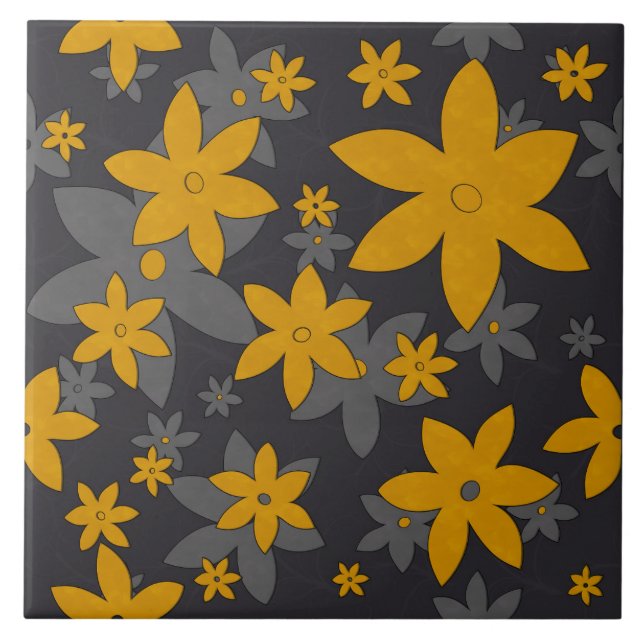 Mustard yellow flowers on dark grey and vines tile (Front)