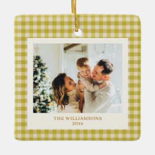 Mustard Yellow Gingham Family Photo Personalized Ceramic Ornament