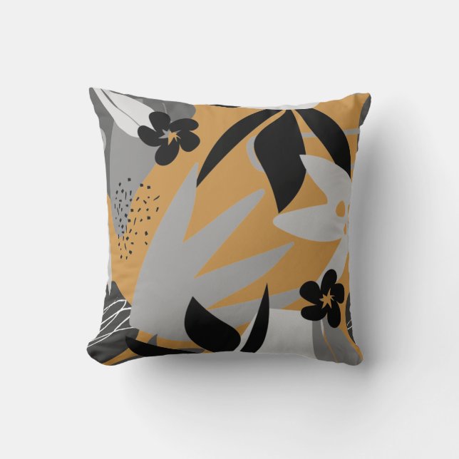 Mustard Yellow & Grey Artistic Abstract Leaves Throw Pillow (Front)