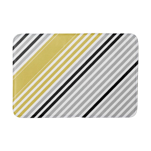 Mustard yellow, grey, black, white stripes bath mat (Front)