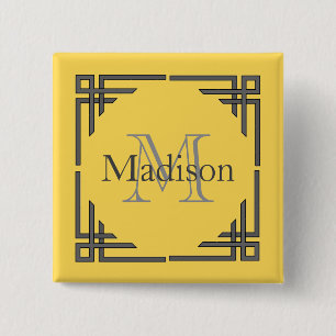 Mustard Yellow Grey Geometric Border Monogram Name 2 Inch Square Button
